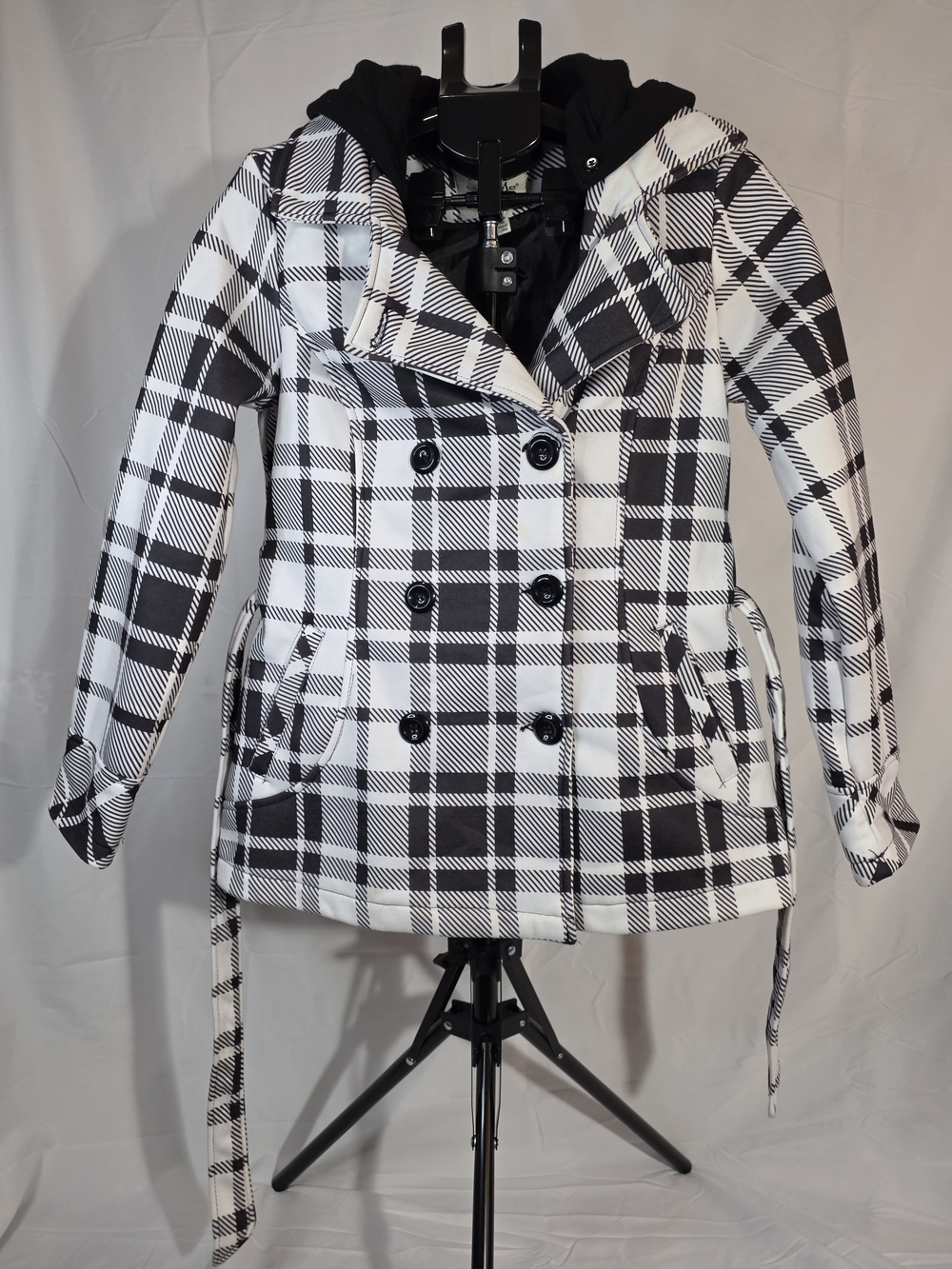 Maralyn & Me Women’s Size S Plaid Trench Coat Jacket Black & White Hooded Belted